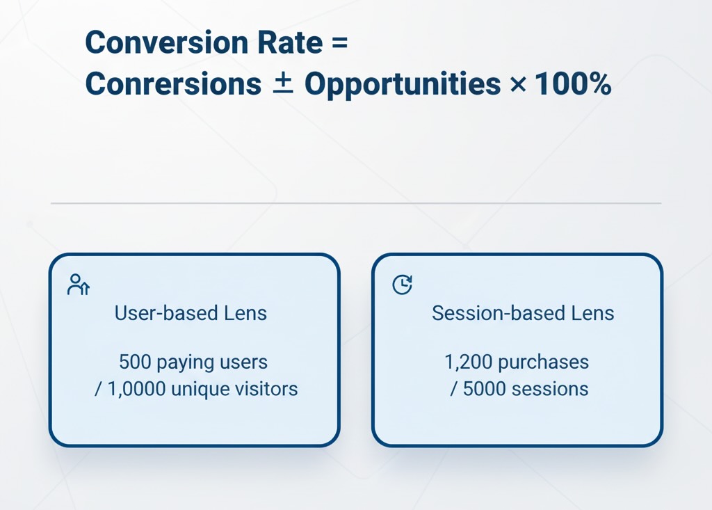 Conversion rate formula with user-based and session-based lenses illustrated