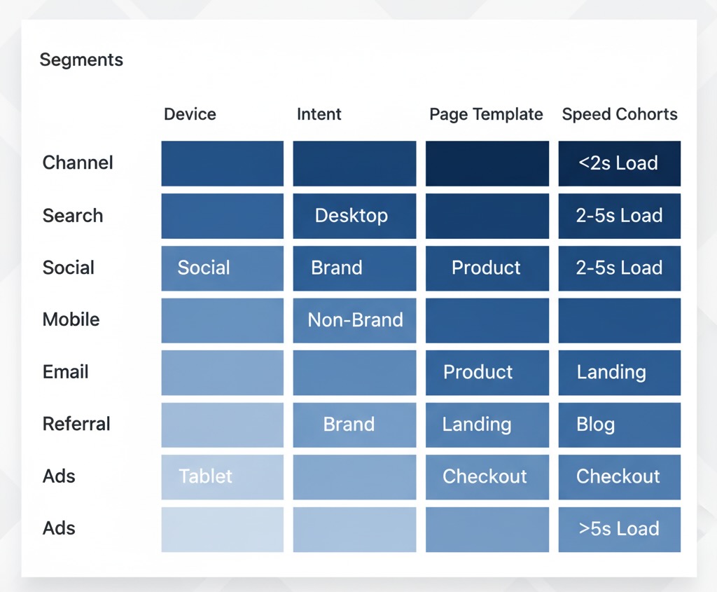 Heatmap showing conversion rate by channel, device, intent, template, and speed cohorts