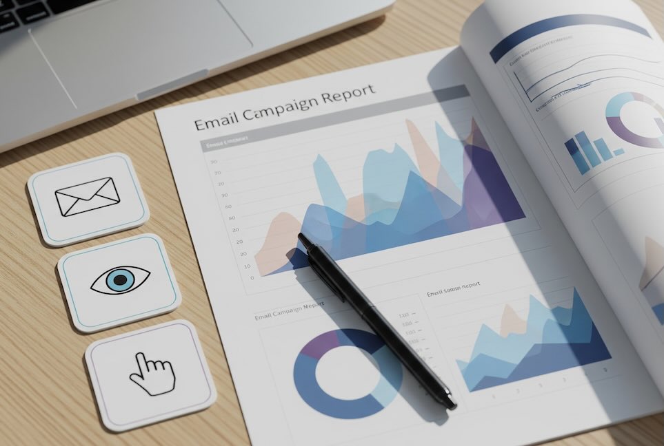 Flat-lay of a printed email metrics report with icon cards for delivery, opens, and clicks