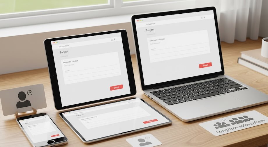 Smartphone, tablet, and laptop showing the same email layout to illustrate device and audience segments