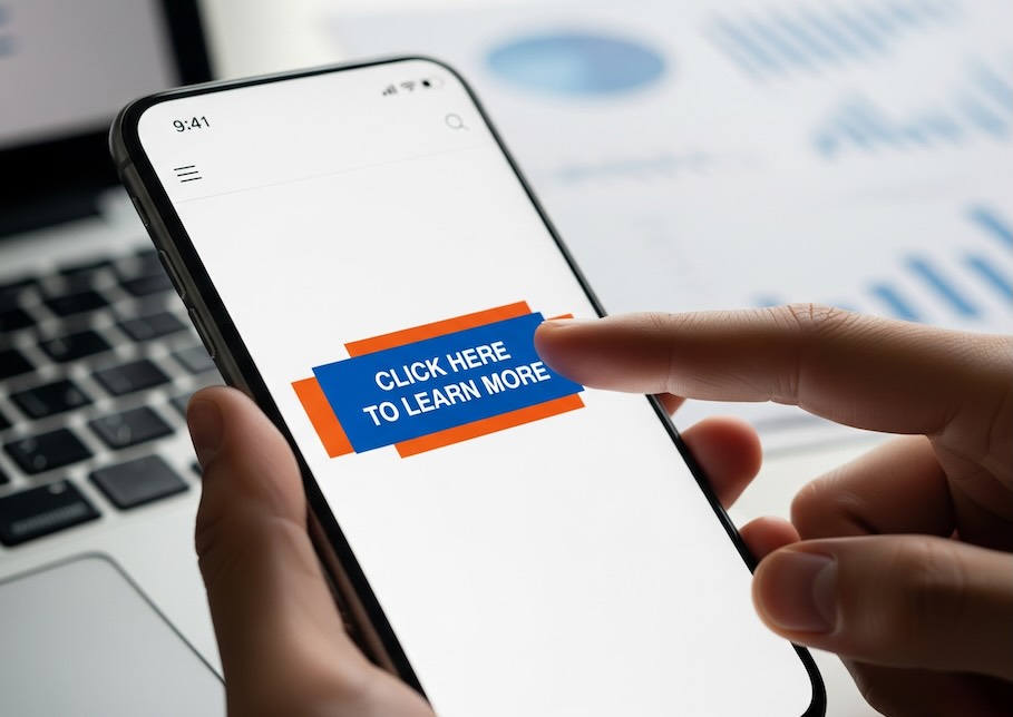 Close-up of a finger tapping a CTA button in a mobile email with blurred analytics in the background