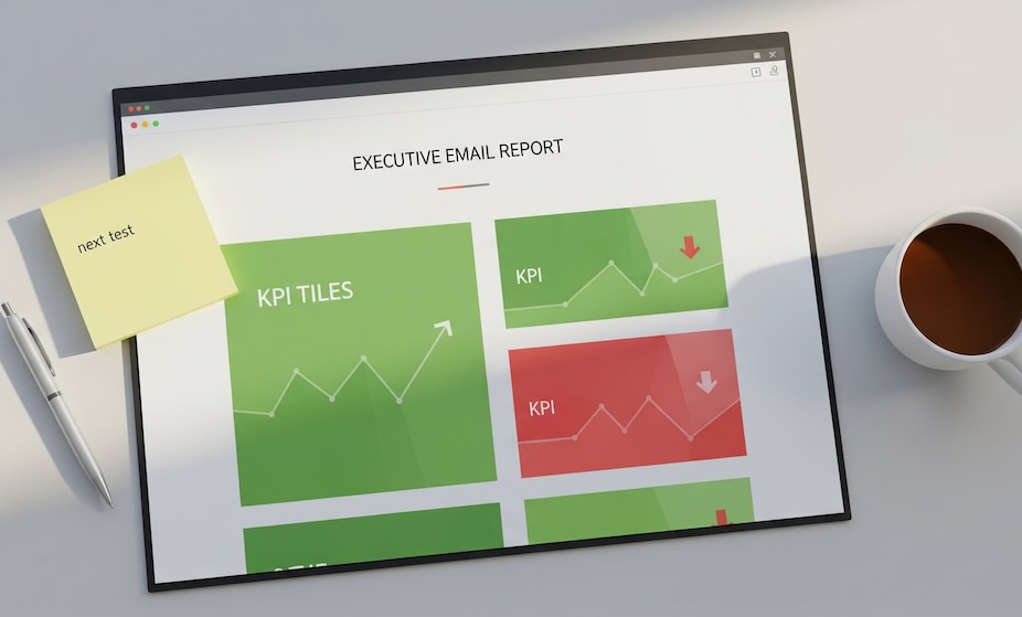 Top-down one-page email report with abstract KPI arrows and a sticky note for the next test.
