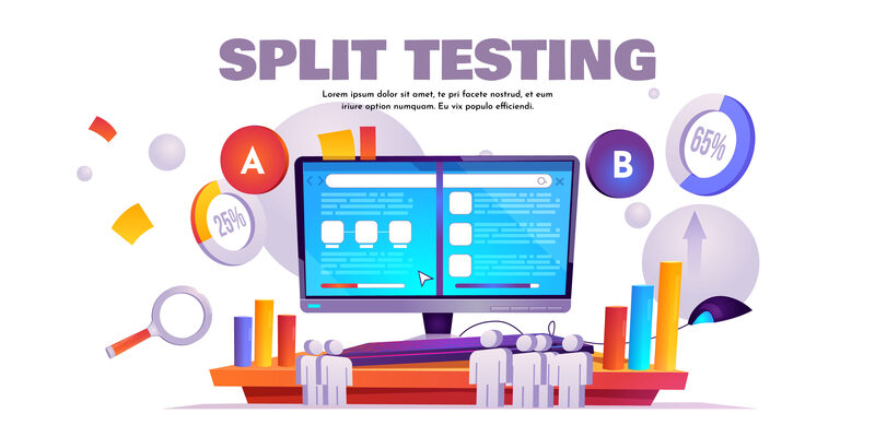 Split testing A/B results displayed as charts and graphs on a laptop screen