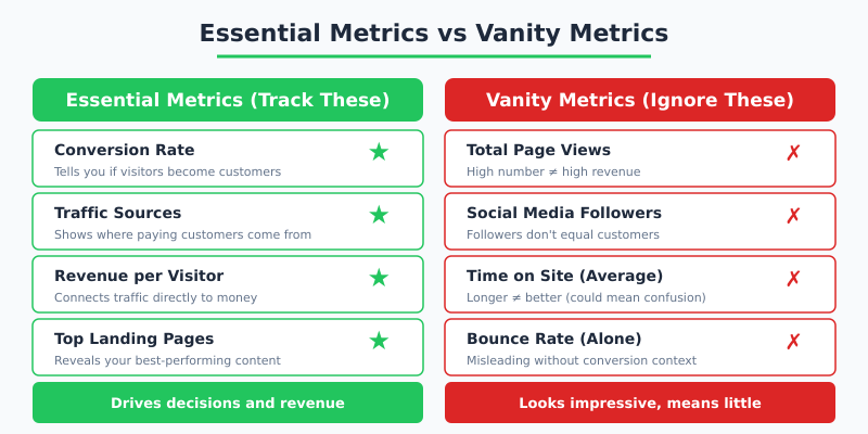 Comparison of essential metrics versus vanity metrics for small business analytics