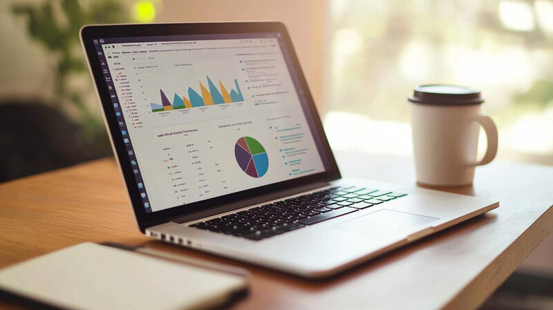 Analytics dashboard with charts and graphs displayed on a laptop