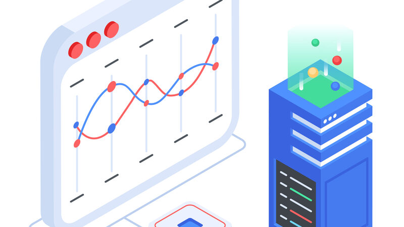 Server monitoring dashboard with line charts showing analytics data in isometric illustration