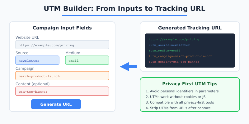 Diagram showing UTM builder workflow from input fields to generated tracking URL
